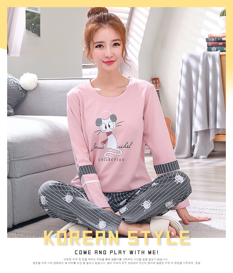 Bộ đồ ngủ mùa hè cho nữ quần dài tay cotton phù hợp với phiên bản Hàn Quốc của sinh viên tươi phục vụ tại nhà kiểu đồ bộ thun
