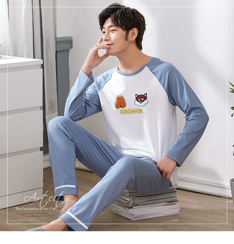 Bộ đồ ngủ nam mùa xuân và mùa hè cotton dài tay cỡ lớn có thể được mặc bên ngoài bộ phim hoạt hình mỏng dành cho sinh viên phục vụ mùa thu đông