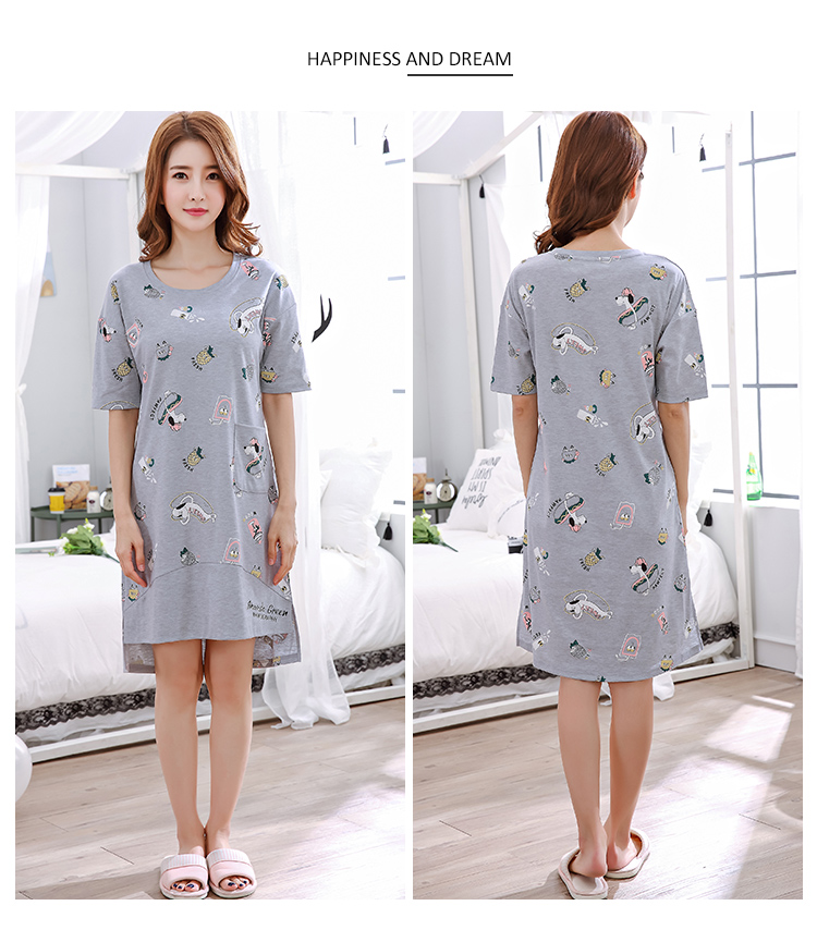 Summer lady cotton ngắn tay váy ngủ hoạt hình mùa xuân dễ thương cộng với phân bón XL cotton béo mm mùa thu và đồ ngủ mùa đông váy lanh mặc nhà