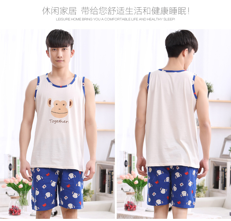 Mùa hè nam không tay vest quần short cotton đồ ngủ nam mùa xuân và mùa thu cộng với phân bón XL có thể được đeo bên ngoài dịch vụ nhà