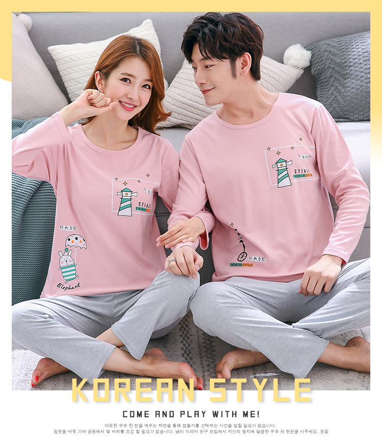 Bộ đồ ngủ đôi mùa xuân và mùa thu Áo dài tay cotton Hàn Quốc Dễ thương cho nam Dịch vụ gia đình kiểu đồ bộ