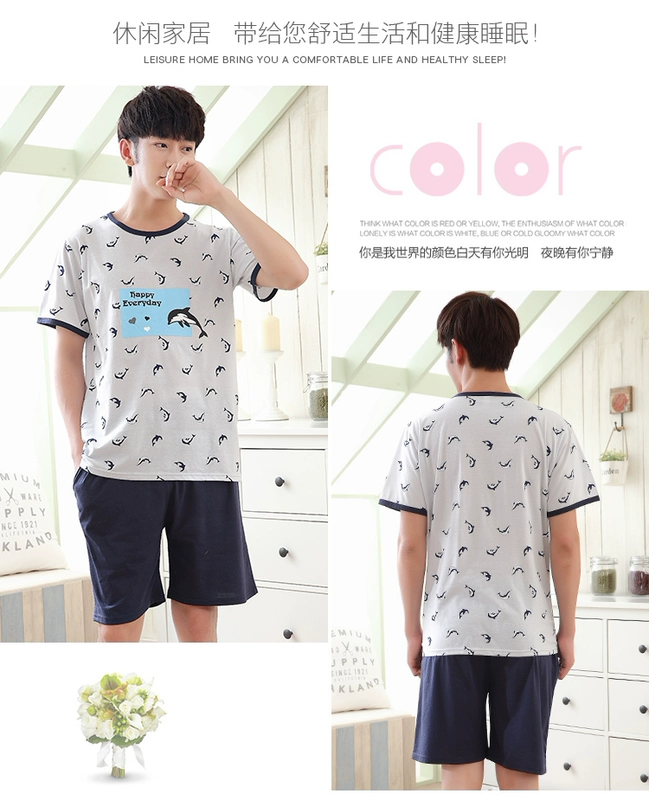 Mùa xuân và mùa thu Hàn Quốc bộ đồ ngủ ngắn tay cotton nam phục vụ nhà mùa hè phụ nữ dễ thương hoạt hình mỏng phù hợp đồ đôi nam nữ