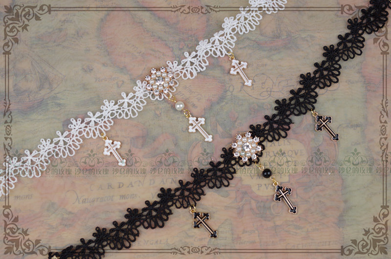 Original ~ * Agnus Dei * CLA Gothic Lolita cross lace neck black and white twin