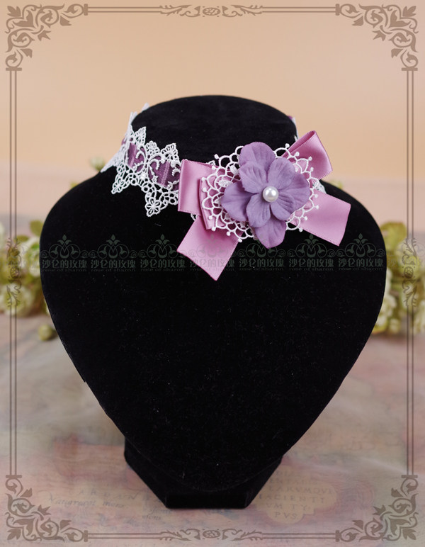 Original * Condensed Flowers Dream * (Purple Powder) Ziyang Flower Lolita Lace Neck Decorated Butterfly Knot Choker