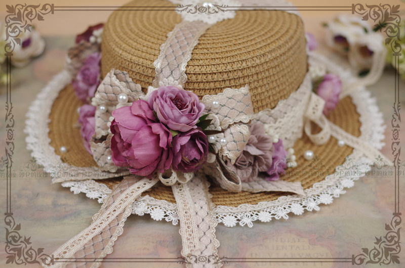 Original * Tian Yuan poetry article * Heavy work Classical Lolita flower lace butterfly knot long floating with wheat straw hat