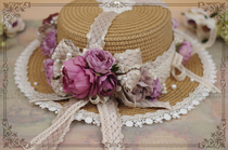 Original * Tian Yuan poetry article * Heavy work Classical Lolita flower lace butterfly knot long floating with wheat straw hat