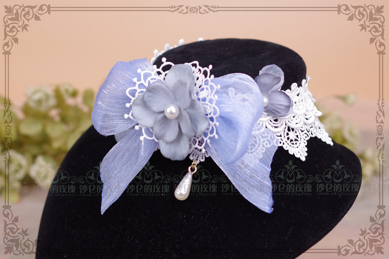 Original *Condensed Heart Flower Dream* (blue gray) hydrangea Lolita lace necklace bow choker