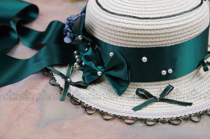 Original * Gone with the Wind * Classical Lolita Summer Miss Long Ribbon Pearl Bow Straw Hat