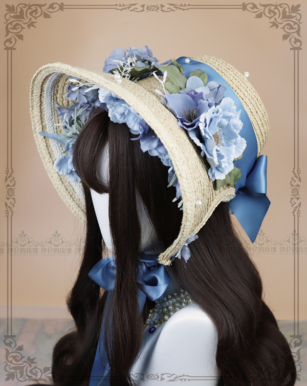 Original * Secret Garden II * Imperial Wind Lolita straw woven BNT Blue Blossom Butterfly Knot Retro Straw Hat