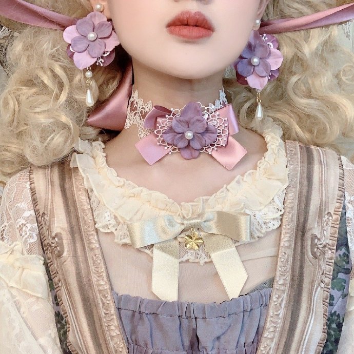 *Heart Flower Dream* (purple pink) hydrangea + water drop pearl stud earrings ear clips Elegant Lolita accessory