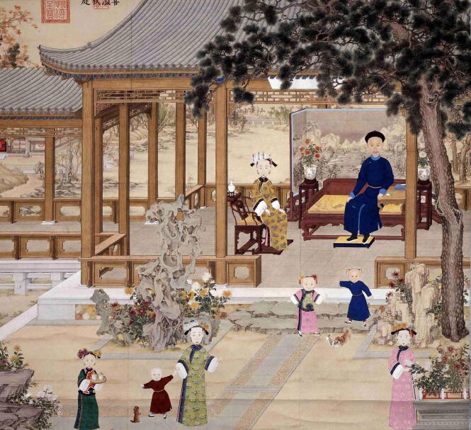 The Qing Daoguang Emperor's Overflowing Autumn Court Figure axis > Ultra-high-Qing electronic picture decoration spray-drawing identification of imitation material