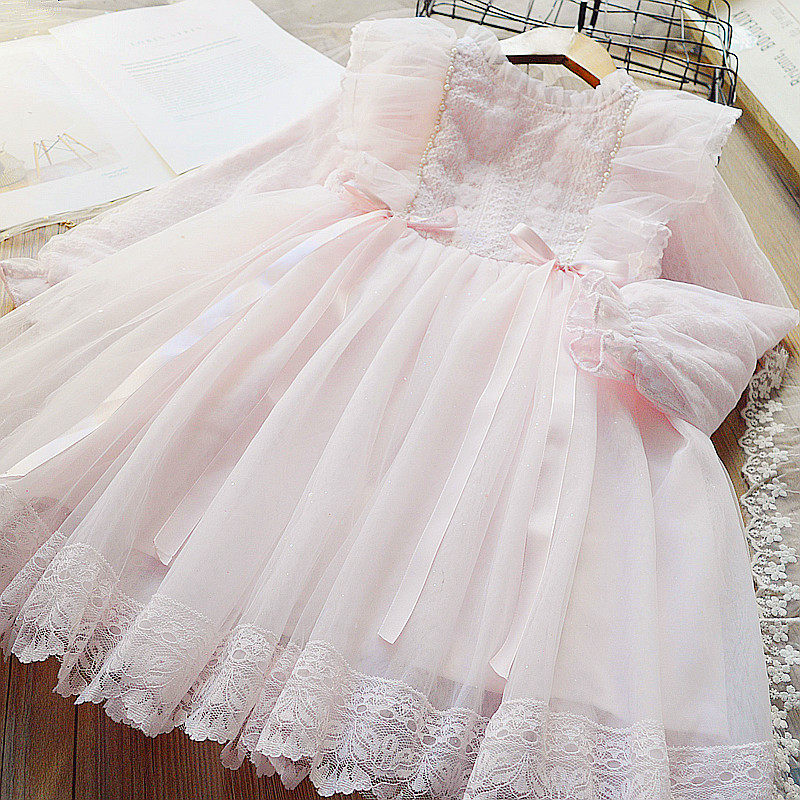 Sweet Beauty Girl Lace Dress 2022 Spring New Children Han Edition Pearl Mesh Yarn Butterfly Knot Foreign Dress Pure Cotton Dress