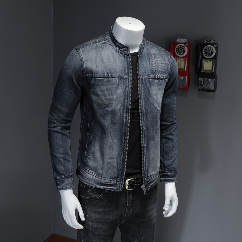 Nam denim jacket đứng-off đẹp trai phẳng rắn thêu màu đen thủy triều thương hiệu thuần trẻ áo khoác màu đỏ Hàn Quốc phiên bản áo khoác