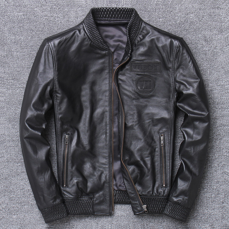 Men Genuine Leather Leather Clothing Baseball collar Locomotive Youth Embroidered Bull Leather Leather Jacket for short Casual Jacket Tide