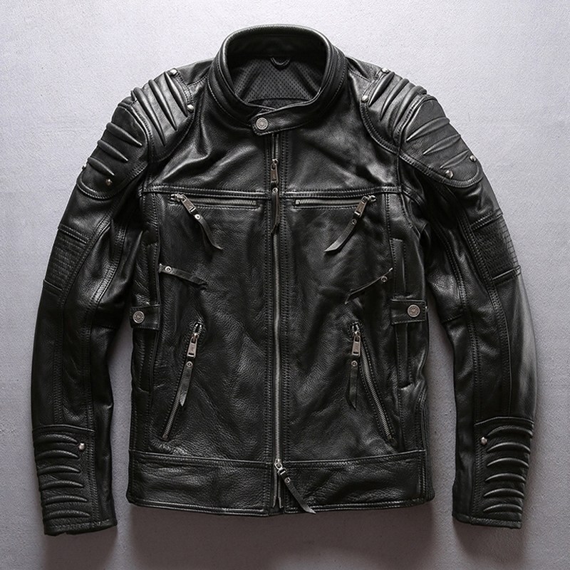 Men's Genuine Leather Jacket Stand Collar Short Slim Fit Thick First Layer Leather Jacket Harley Riding Motorcycle Jacket Tide