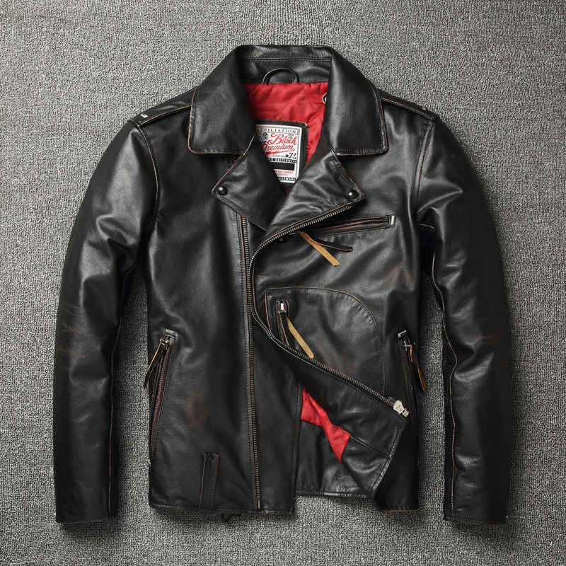 Genuine leather jacket men's lapel oblique zipper slim short pure cowhide riding motorcycle suit retro leather jacket jacket tide