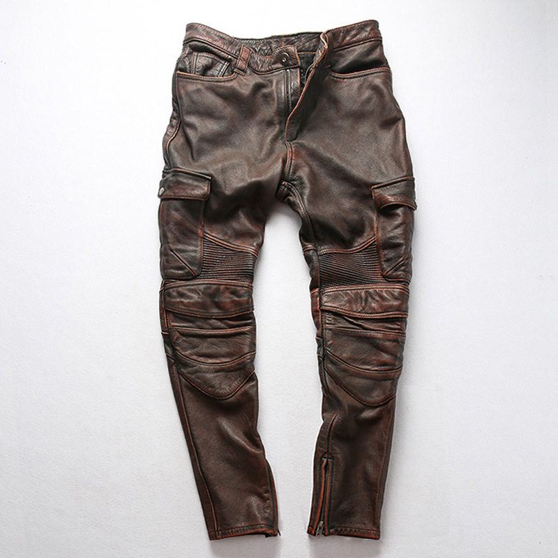 Harley leather leather pants men's full cowhide slim small feet motorcycle riding pants Motorcycle leather pants Trend pants pants