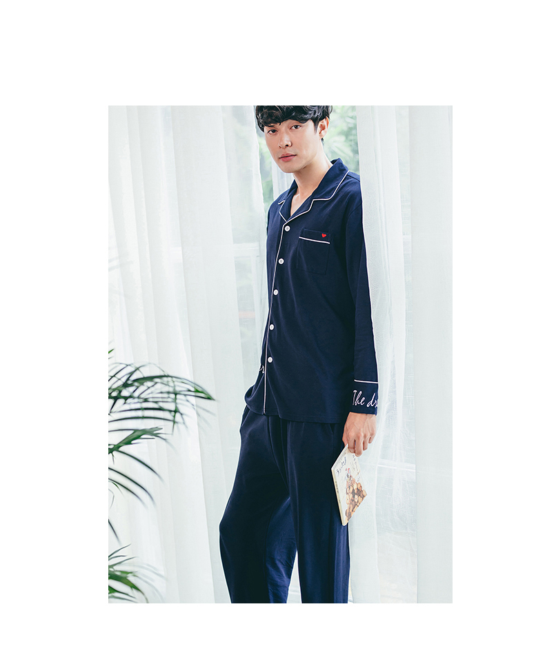 Một Zhi đồng hành couple đồ ngủ cotton dài tay áo mùa xuân và mùa thu cardigan giản dị nam giới và phụ nữ Hàn Quốc phiên bản của bông nhà dịch vụ phù hợp với đồ bộ cao cấp