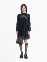 duetty2021 year autumn winter new French style printed embroidery lace splicing in the middle of a long sleeve headskirt