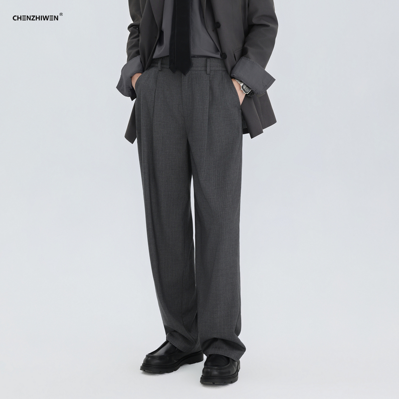 Chen Zhiwen's New Spring High-End Gray Striped Versatile Loose Straight-Leg Trousers Casual Pants Dress Pants for Men