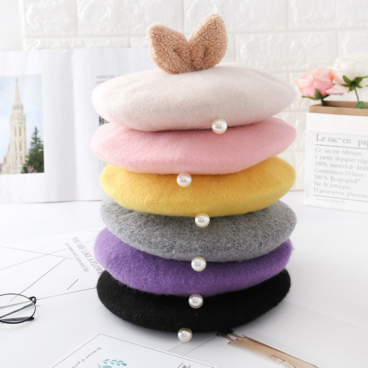 Autumn and winter pearl British princess pure wool wild bud hat Japanese children's hat girl painter beret