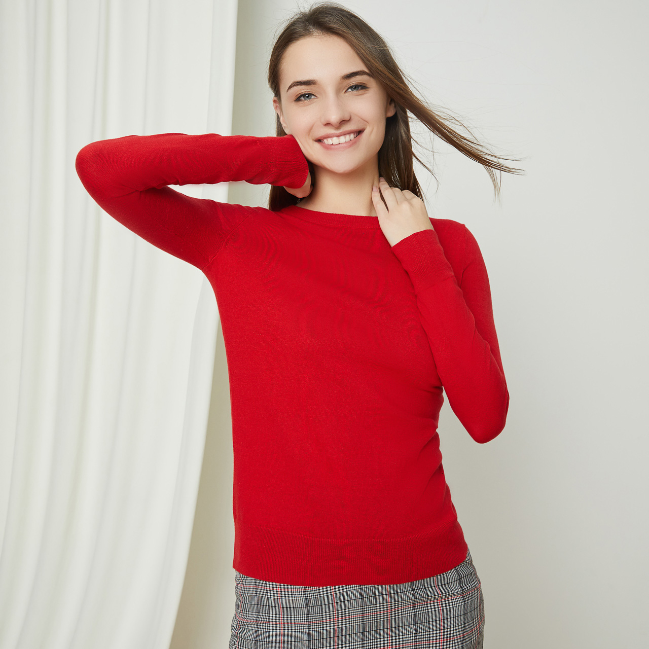 ochirly欧时力2018新女秋装纯色拼交叉织带针织