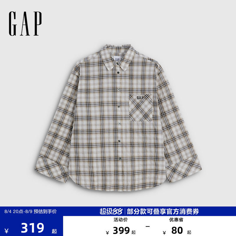 [Cheng Yi Endorsement] Gap Women's Clothing 2026 Early Autumn New Logo Embroidered Plaid Long-Sleeve Shirt 892793