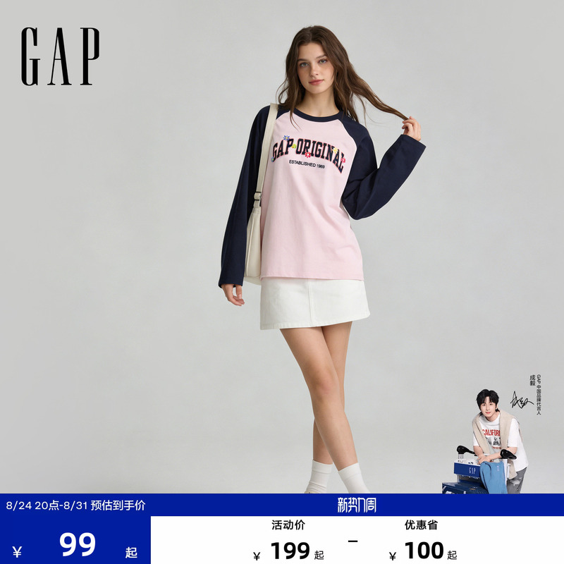 [Cheng Yi Endorsement] Gap Women's Clothing 2026 Summer New Patch Embroidery Raglan Sleeve Long Sleeve T-Shirt 859028
