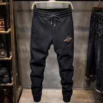 Winter embroidery trend brand trousers slim small feet Korean version casual pants new drawstring pants mens bee elastic waist pants