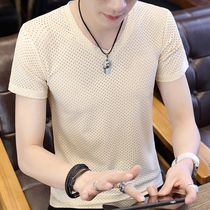 2020 new t-shirt men v-neck ice silk half sleeve trend youth handsome Korean version slim cut-out top short-sleeved men cx