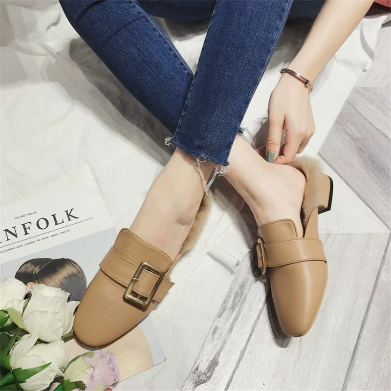 Thu đông 2018 mới mặc thời trang lười xã hội Baotou đế bệt đế bệt nửa dép nữ Muller giày thỏ