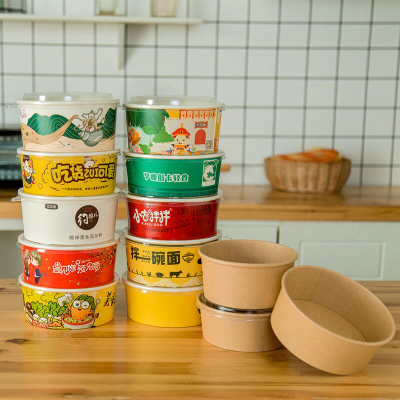 1100 patterned kraft paper packing box disposable round takeaway fried rice bibimbap salad lunch box commercial full box