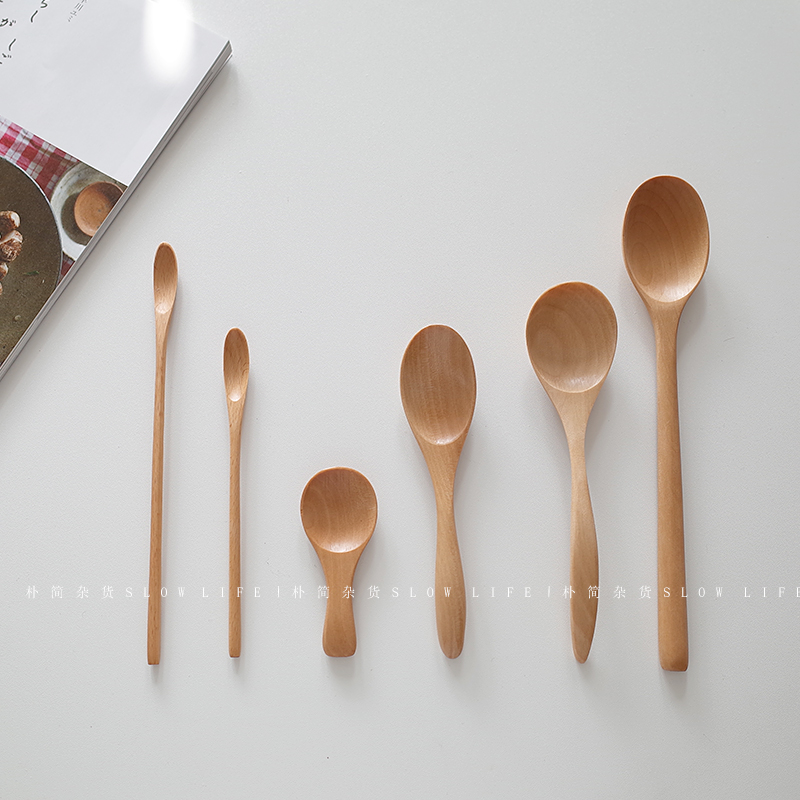 Sun-type ins wooden bucket tail spoon solid wood cutlery soup spoon rice spoon Yogurt Spoon for stirring spoon Breakfast wood spoon 8345