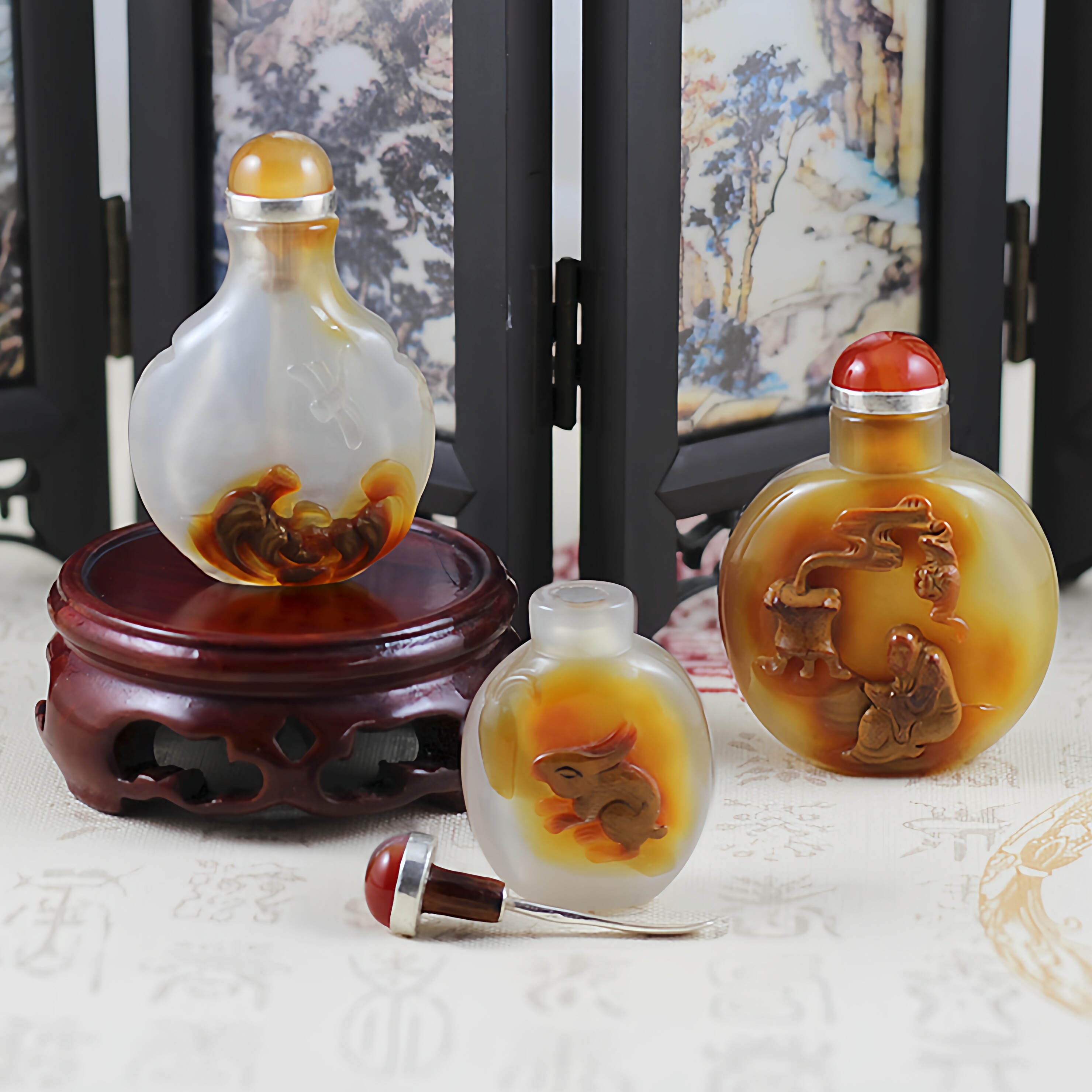 骨雕鼻烟壶带银勺龙凤花鸟雕刻鼻烟粉把玩古玩手工艺品商务国风-淘宝