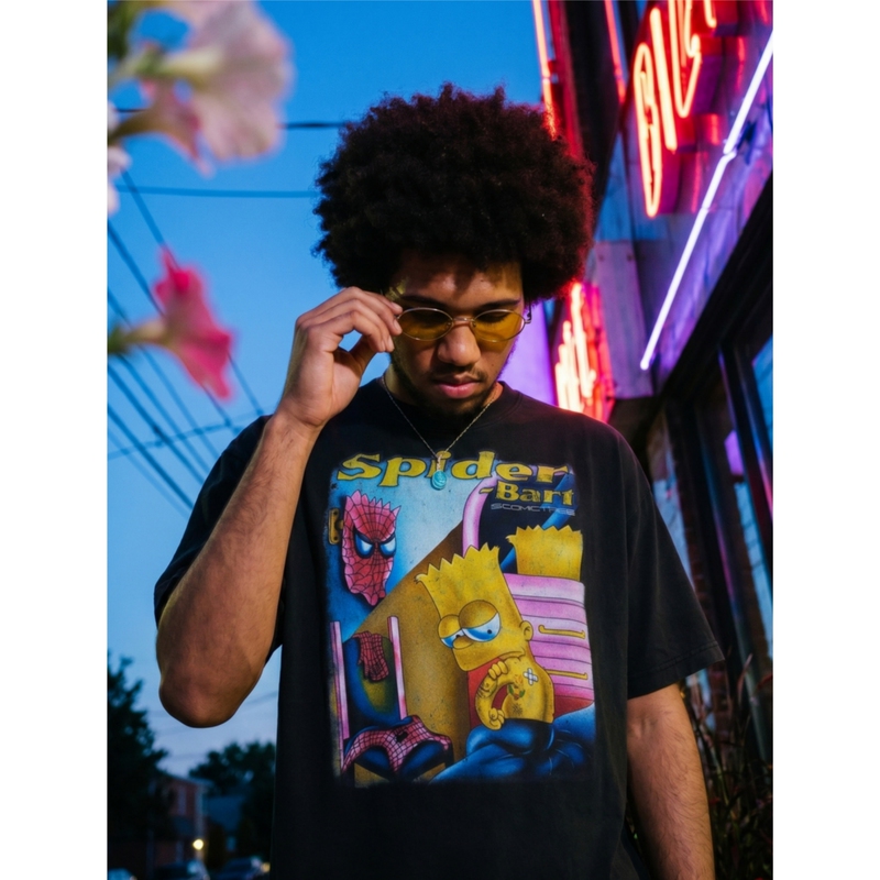 Comictree Summer New Cartoon Simpson's "Double Life of a Cartoon Character" Washed Vintage Round Neck Boxy Short-Sleeve T-Shirt