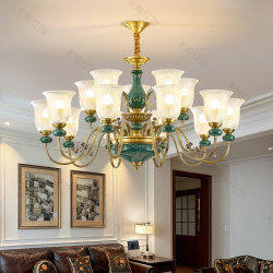 American-Style All-Copper Living Room Chandelier, European-Style Ceramic Retro Lighting Fixtures, Designer High-End Villa Lobby Dining Room Copper Lamp
