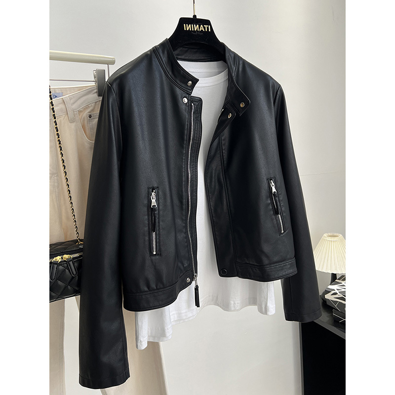 Black Leather Jacket for Women, Short Style, 2026 Spring New Korean Style, Loose Fit, Slimming, Elegant Stand Collar Biker Pu Jacket