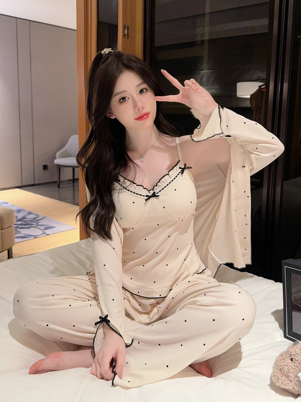 Polka Dot Camisole Padded Pajamas for Women, Spring and Autumn Three-Piece Set, Long-Sleeved Long Pants, Modal Thin Style, Can Be Worn Outside, Loungewear