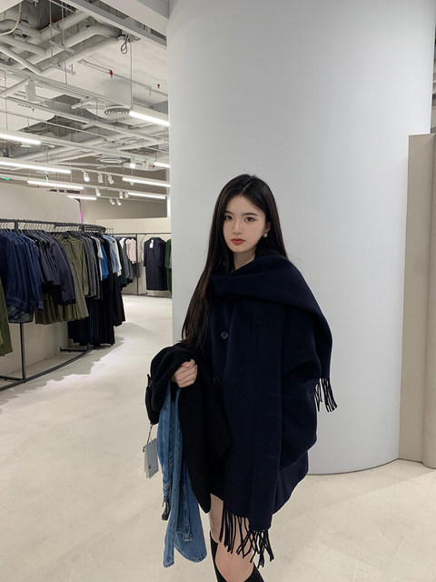 famouswang2024 ລະດູຫນາວ witch cloak ການອອກແບບ temperament scarf double-sided woolen coat jacket