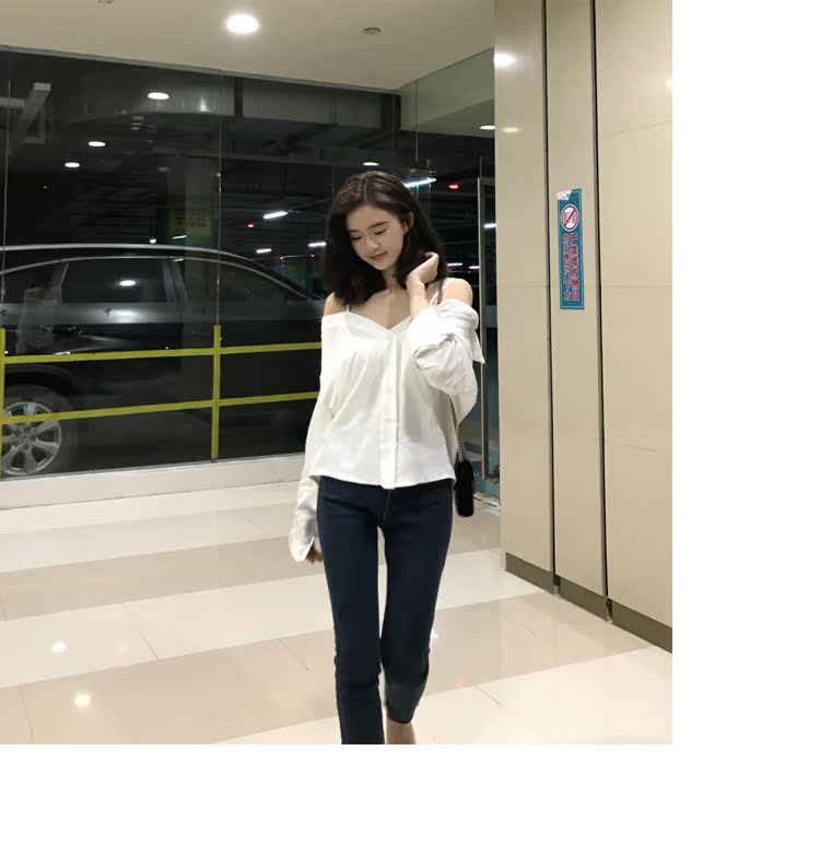Mùa thu mới nổi cổ áo lệch vai ngắn áo dài mềm mại tay dài 	áo sơ mi nữ dài tay cho người mậ
