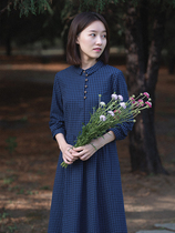 19QDC-172 (Jingyou) past life and present retro literary slim lapel long sleeve plaid dress