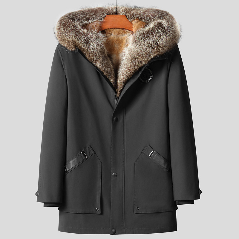 Winter Men's Parka Coat with Raccoon Fur Lining, Hooded, High-End Fur, Mid-Length, Thickened, with Rabbit Fur Sleeves Winter Men's Parka Coat with Raccoon Fur Lining, Hooded, High-End Fur, Mid-Length, Thickened, with Rabbit Fur Sleeves