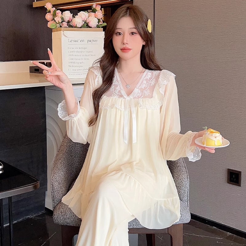Palace-Style Pajamas for Women with Breast Pads, Spring and Autumn New Style, Sexy Mesh Lace, Large Size Home Clothes, Autumn and Winter Set