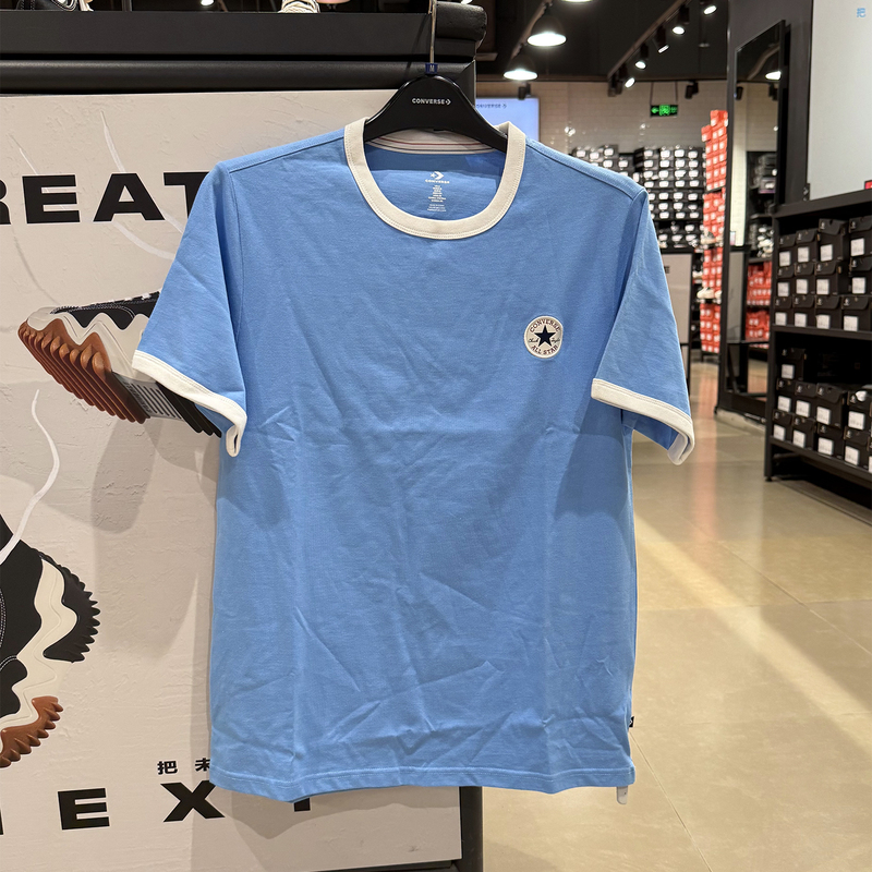 Authentic Converse Men's Sky Blue Color-Blocked Round Logo Round Neck Short-Sleeved T-Shirt 10025909-A01