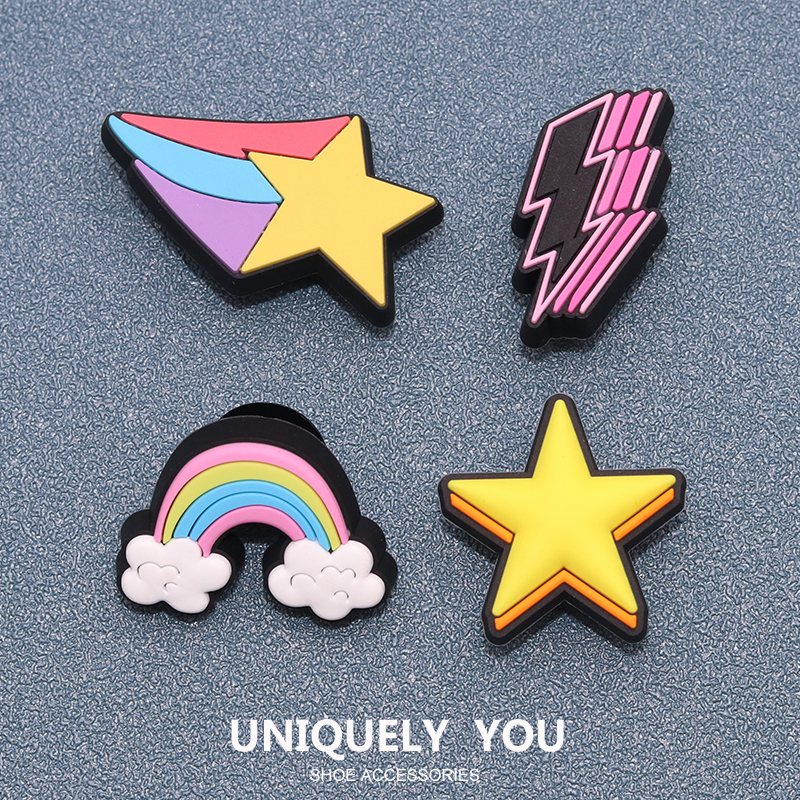 Cartoon Shoe Charms with Star, Rainbow, and Lightning Patterns, Shoe Accessories Suitable for Crocs, Four-Piece Set