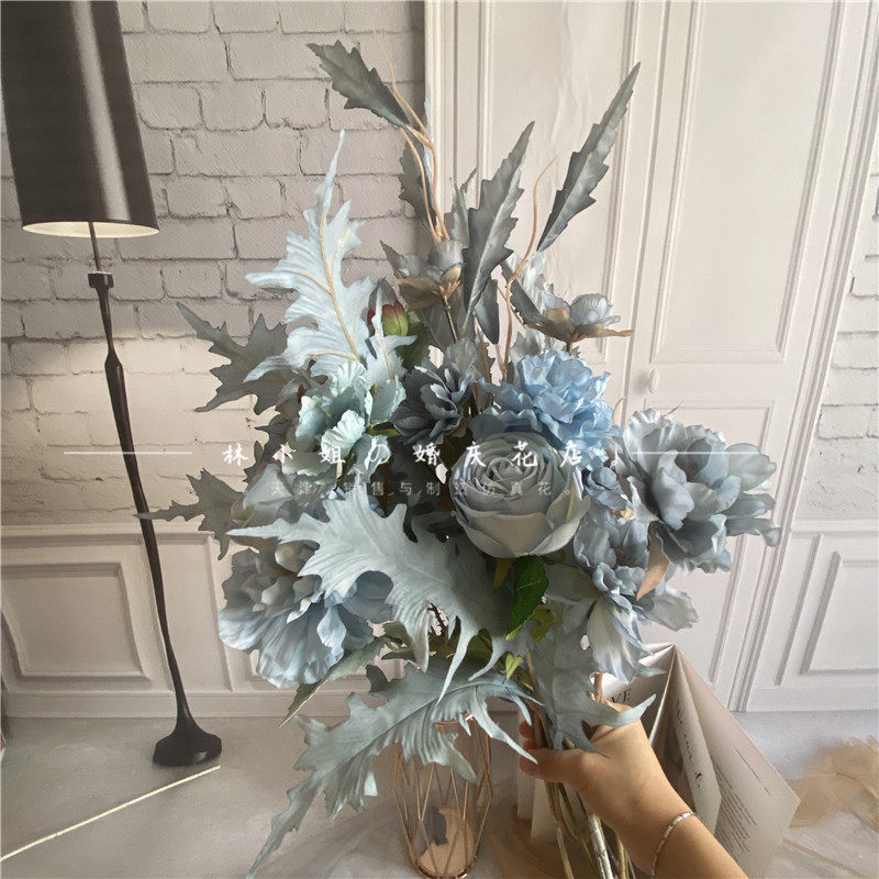 复古欧式花艺搭配花束蓝色套装皇妃玫瑰客厅书房酒店软装插花花艺