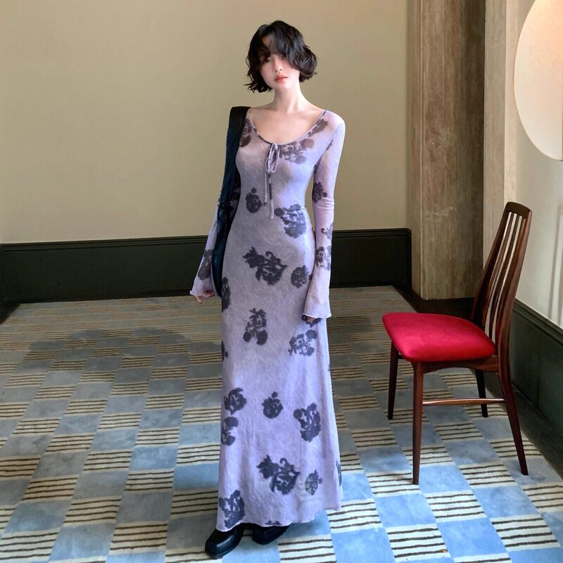 Hong Kong Style Retro Purple Printed Long-Sleeved Dress for Women in Autumn, High-End and Elegant, Waist-Cinching, Stunning Mesh Long Dress Hong Kong Style Retro Purple Printed Long-Sleeved Dress for Women in Autumn, High-End and Elegant, Waist-Cinching, Stunning Mesh Long Dress