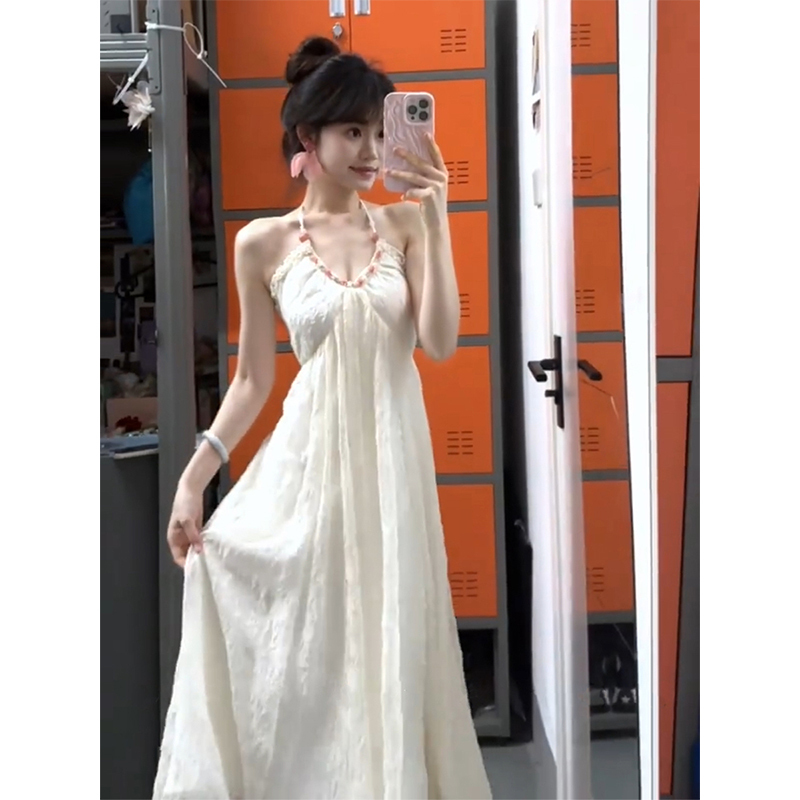 Tea Break French-Style White Halter Neck Spaghetti Strap Dress for Women, Summer High-End Elegant Seaside Vacation Fairy Long Dress