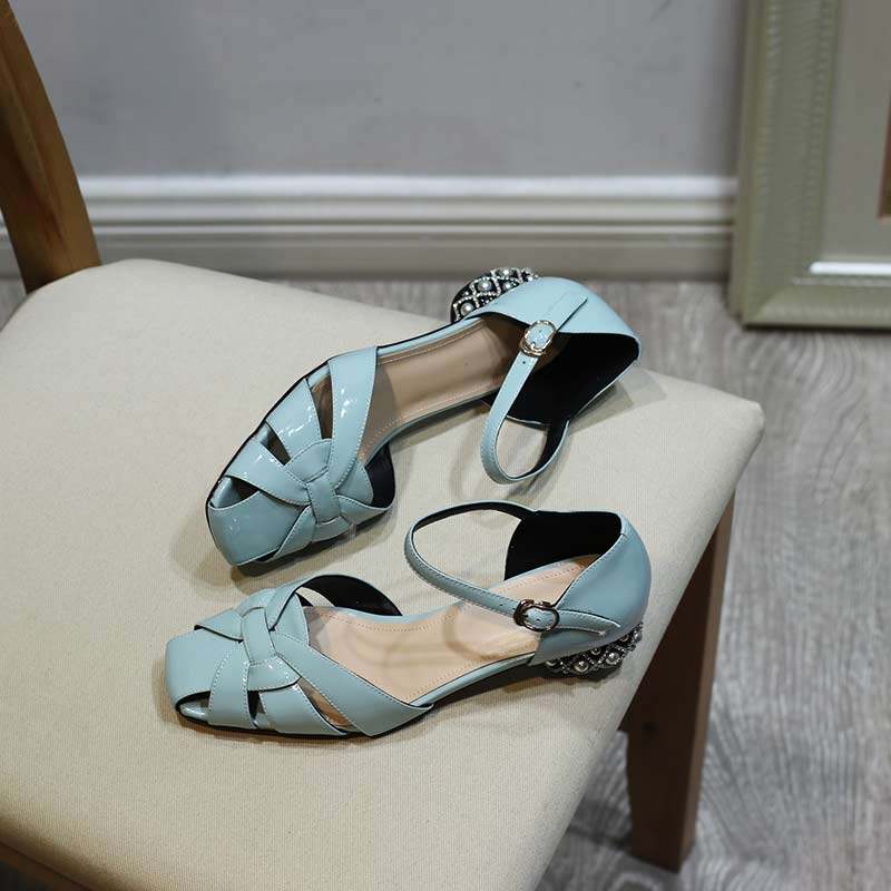 2022 popular shoes genuine leather Baotou sandals Korean version rhinestone one word with mid-heel shoes breathable summer women's shoes trend
