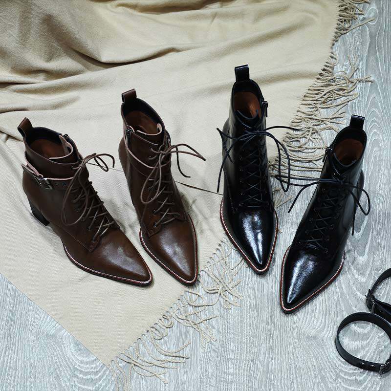French elegance~Martin boots women's British style leather retro lace-up ankle boots autumn and winter new pointed toe women's boots high heels - Taobao